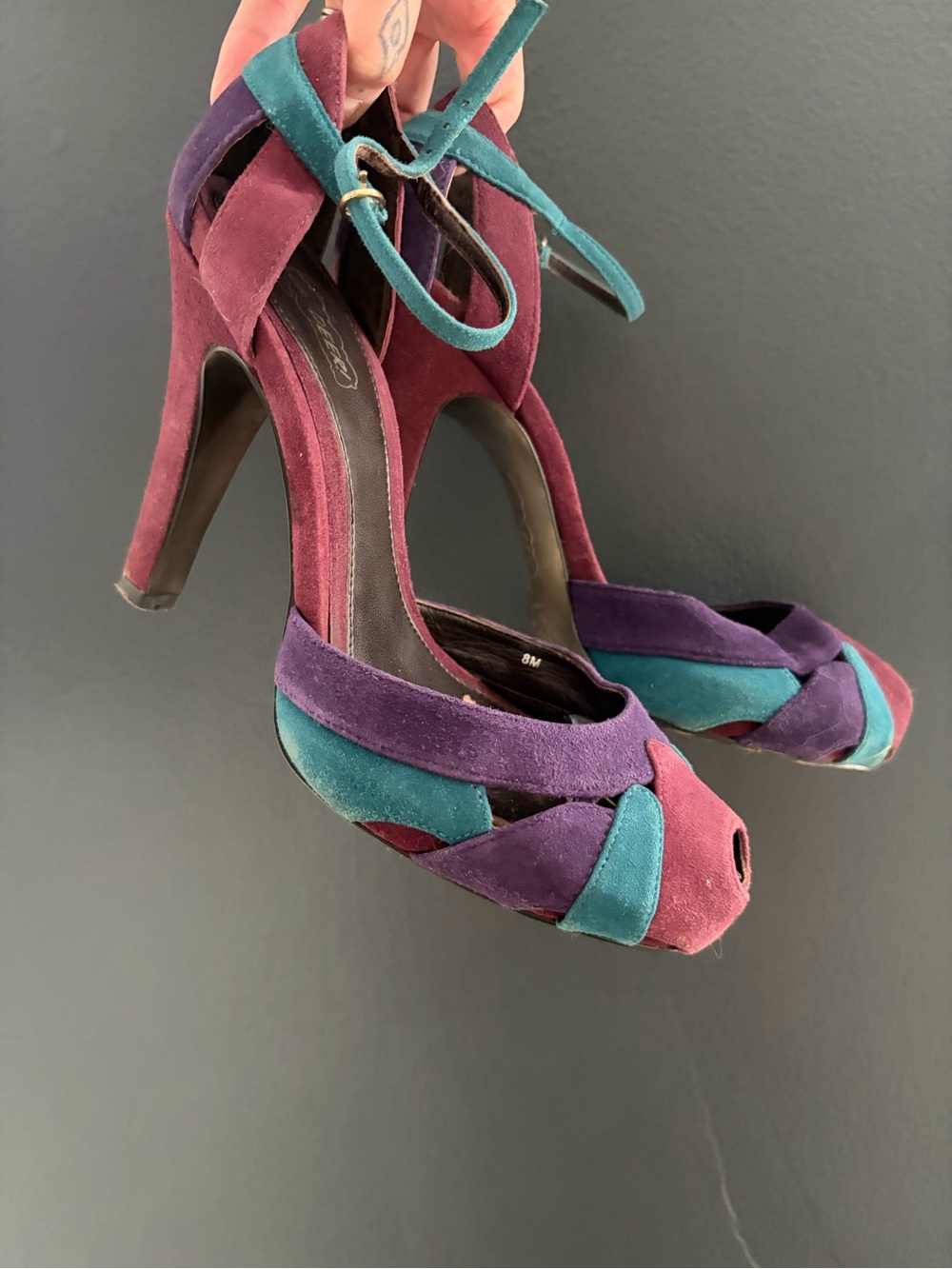 Oh Deer! Trapeze VTG Suede Peep-Toe Heels in Teal, Purple & Burgundy size 8